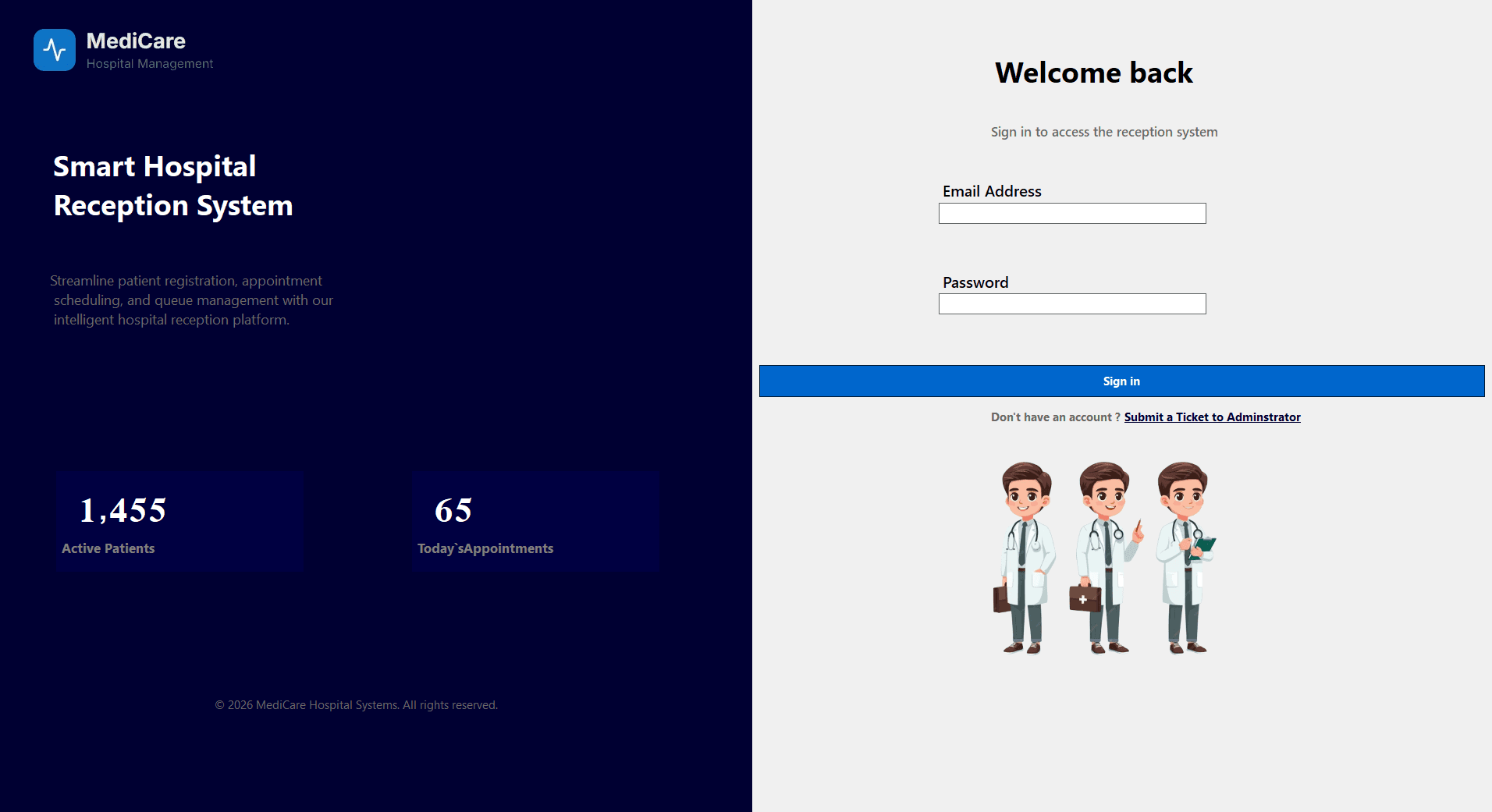 Reception login screen from the Hospital Management System